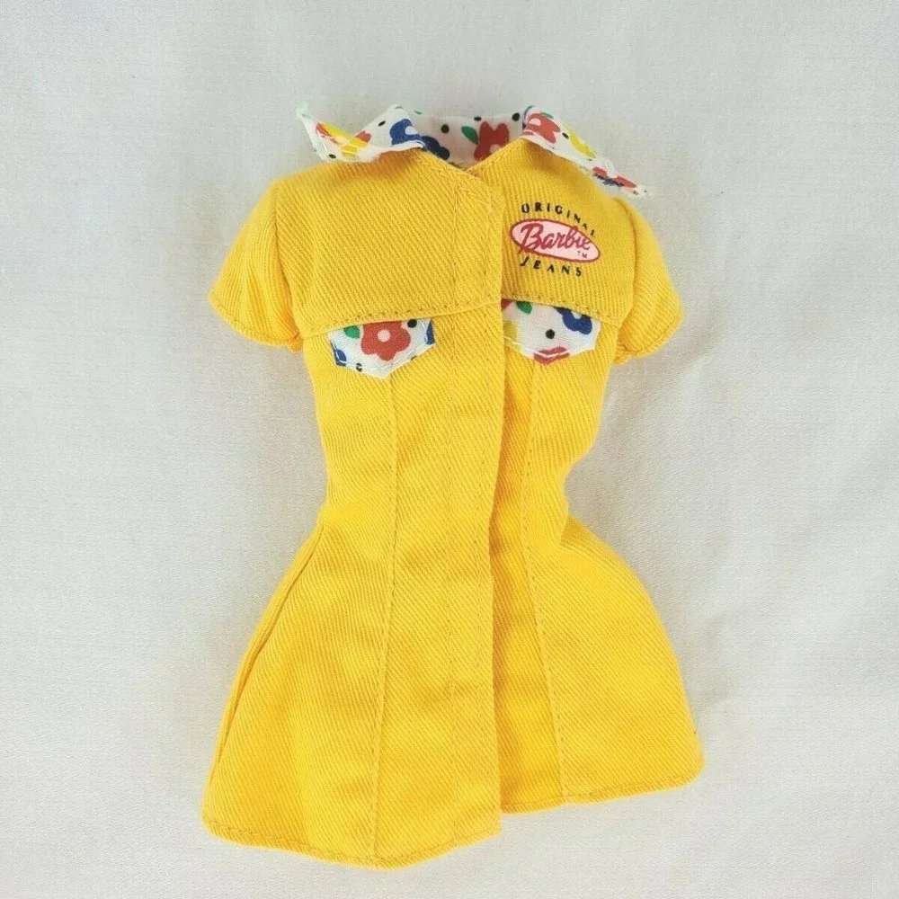 Vintage Barbie Yellow Denim Dress With Flower Trim Genuine Barbie Jeans EUC
